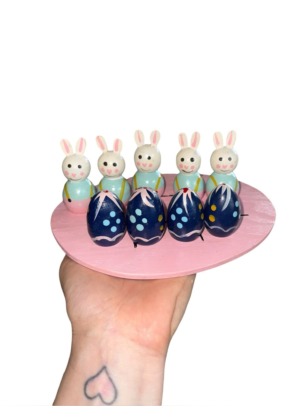 Vintage wooden Easter eggs and bunnies tic tac toe game